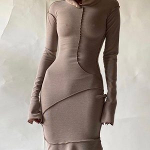 Autumn 2024 Y2K Aesthetic Long Sleeve Hooded Maxi Dress with Vintage Ruffles in Khaki