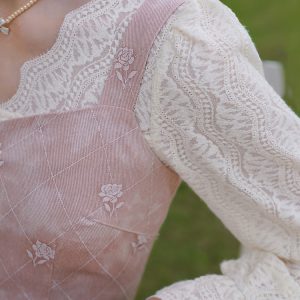 Baby Pink Rose Embroidery Denim Strap Dress with Lace Blouse - Y2K Coquette Aesthetic Outfit