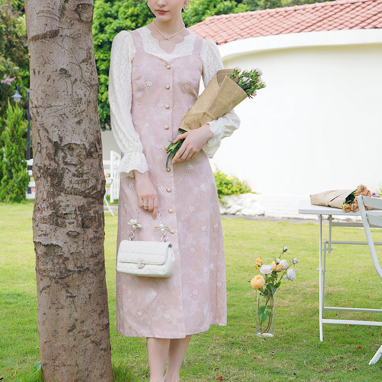 Baby Pink Rose Embroidery Denim Strap Dress with Lace Blouse - Y2K Coquette Aesthetic Outfit