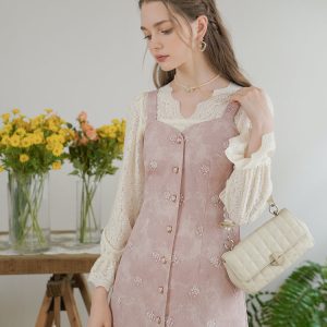 Baby Pink Rose Embroidery Denim Strap Dress with Lace Blouse - Y2K Coquette Aesthetic Outfit