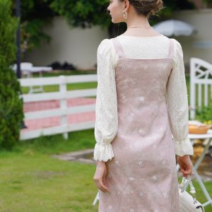 Baby Pink Rose Embroidery Denim Strap Dress with Lace Blouse - Y2K Coquette Aesthetic Outfit