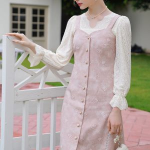 Baby Pink Rose Embroidery Denim Strap Dress with Lace Blouse - Y2K Coquette Aesthetic Outfit