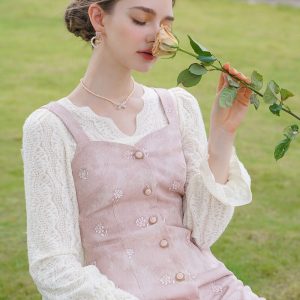 Baby Pink Rose Embroidery Denim Strap Dress with Lace Blouse - Y2K Coquette Aesthetic Outfit