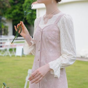 Baby Pink Rose Embroidery Denim Strap Dress with Lace Blouse - Y2K Coquette Aesthetic Outfit