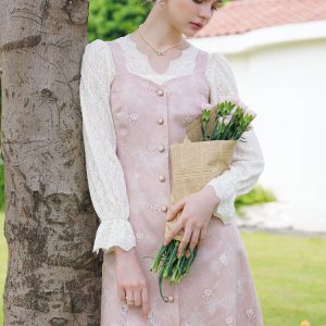 Baby Pink Rose Embroidery Denim Strap Dress with Lace Blouse - Y2K Coquette Aesthetic Outfit