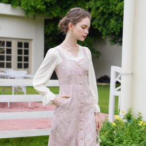 Baby Pink Rose Embroidery Denim Strap Dress with Lace Blouse - Y2K Coquette Aesthetic Outfit