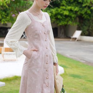 Baby Pink Rose Embroidery Denim Strap Dress with Lace Blouse - Y2K Coquette Aesthetic Outfit