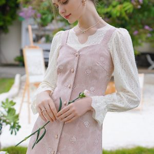 Baby Pink Rose Embroidery Denim Strap Dress with Lace Blouse - Y2K Coquette Aesthetic Outfit