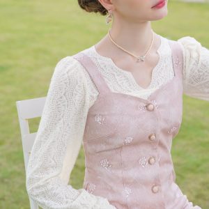 Baby Pink Rose Embroidery Denim Strap Dress with Lace Blouse - Y2K Coquette Aesthetic Outfit