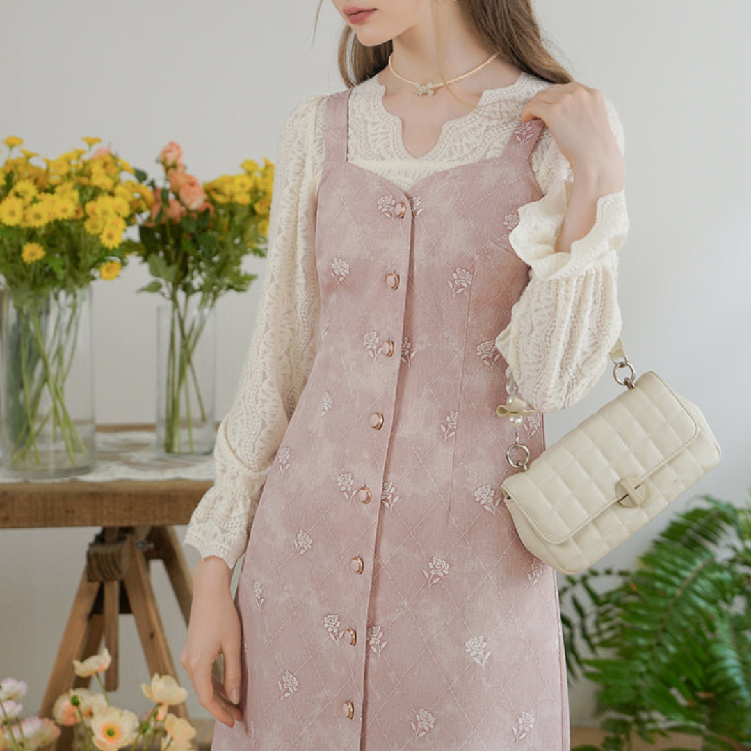 Baby Pink Rose Embroidery Denim Strap Dress with Lace Blouse - Y2K Coquette Aesthetic Outfit