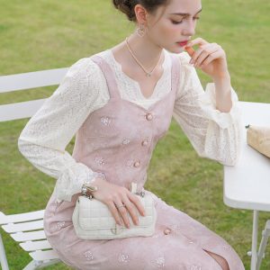 Baby Pink Rose Embroidery Denim Strap Dress with Lace Blouse - Y2K Coquette Aesthetic Outfit