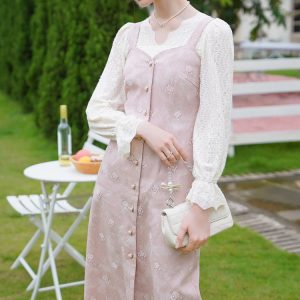 Baby Pink Rose Embroidery Denim Strap Dress with Lace Blouse - Y2K Coquette Aesthetic Outfit