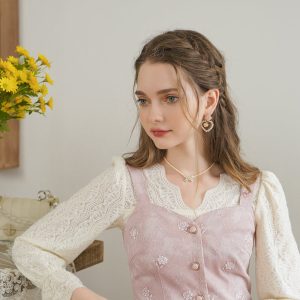 Baby Pink Rose Embroidery Denim Strap Dress with Lace Blouse - Y2K Coquette Aesthetic Outfit