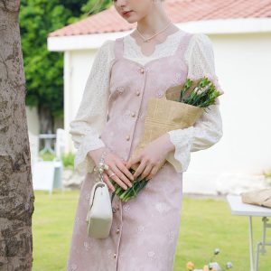 Baby Pink Rose Embroidery Denim Strap Dress with Lace Blouse - Y2K Coquette Aesthetic Outfit