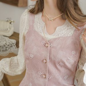 Baby Pink Rose Embroidery Denim Strap Dress with Lace Blouse - Y2K Coquette Aesthetic Outfit