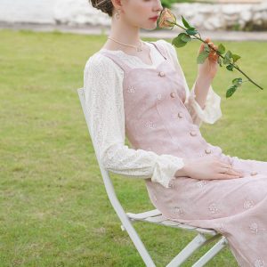 Baby Pink Rose Embroidery Denim Strap Dress with Lace Blouse - Y2K Coquette Aesthetic Outfit