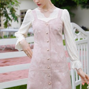 Baby Pink Rose Embroidery Denim Strap Dress with Lace Blouse - Y2K Coquette Aesthetic Outfit