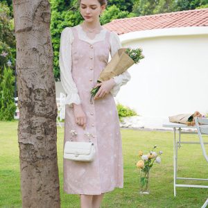 Baby Pink Rose Embroidery Denim Strap Dress with Lace Blouse - Y2K Coquette Aesthetic Outfit