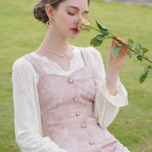 Baby Pink Rose Embroidery Denim Strap Dress with Lace Blouse - Y2K Coquette Aesthetic Outfit