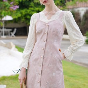 Baby Pink Rose Embroidery Denim Strap Dress with Lace Blouse - Y2K Coquette Aesthetic Outfit