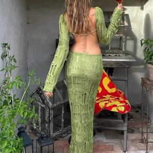 Backless Hollow Out Knitted Maxi Dress for Women - Sexy Summer Club Fashion Dress