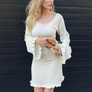 Backless Knitted Mini Dress for Women - Lace-Up Long Sleeve Solid Dress for Hot Girls' Night Out