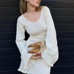 Backless Knitted Mini Dress for Women - Lace-Up Long Sleeve Solid Dress for Hot Girls' Night Out