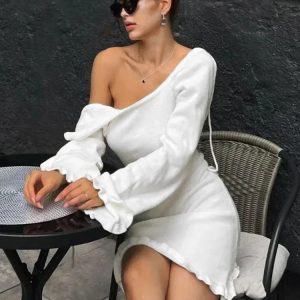 Backless Knitted Mini Dress for Women - Lace-Up Long Sleeve Solid Dress for Hot Girls' Night Out