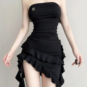 Backless Ruffle Flounce Dress - Y2K Inspired Black Casual Vintage Party Dress 2024