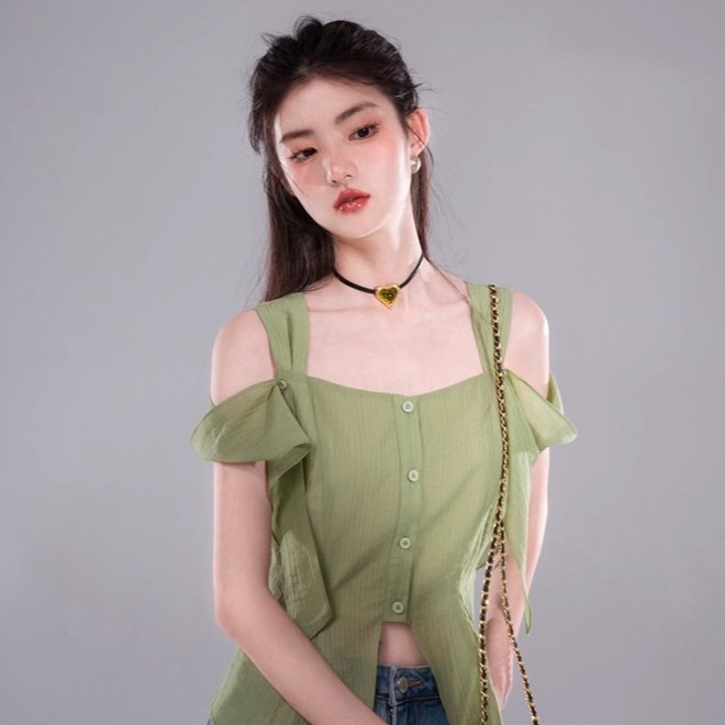 Bamboo Green Y2K Off-The-Shoulder Blouse for Coquette Aesthetic and Cute Outfits