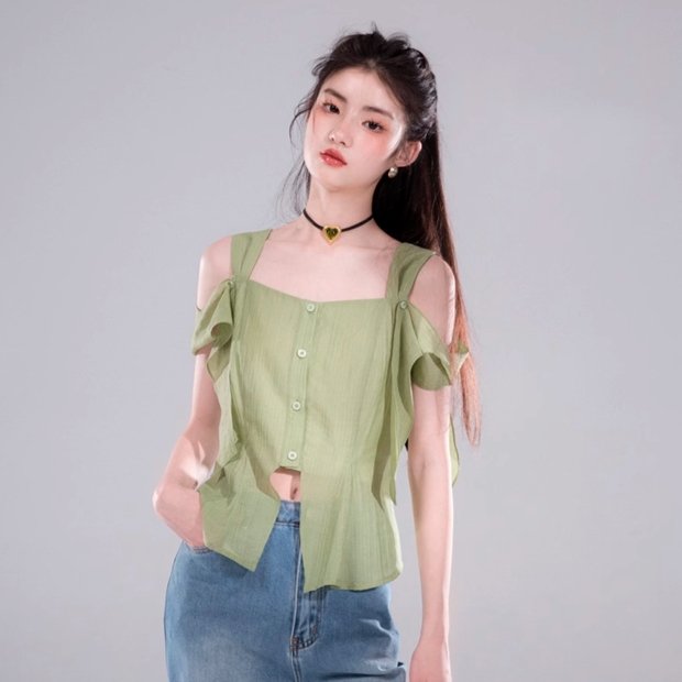 Bamboo Green Y2K Off-The-Shoulder Blouse for Coquette Aesthetic and Cute Outfits