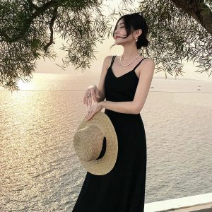 Beach Lady Sanya Black Backless Slip Dress - Y2K Aesthetic Travel Essential