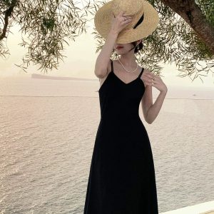 Beach Lady Sanya Black Backless Slip Dress - Y2K Aesthetic Travel Essential