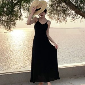 Beach Lady Sanya Black Backless Slip Dress - Y2K Aesthetic Travel Essential