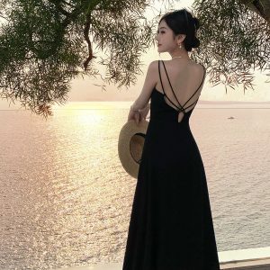 Beach Lady Sanya Black Backless Slip Dress - Y2K Aesthetic Travel Essential