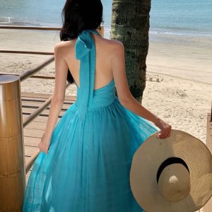 Beautiful Blue Y2K Halterneck Beach Dress with Deep V for a Chic Summer Look