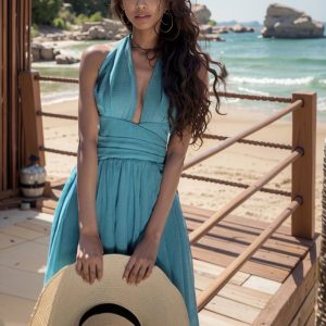 Beautiful Blue Y2K Halterneck Beach Dress with Deep V for a Chic Summer Look