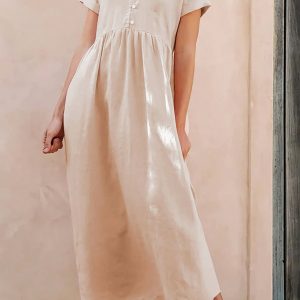 Beige Cotton V-Neck Pocket Midi Dress - Y2K Aesthetic Casual Chic for Effortless Style