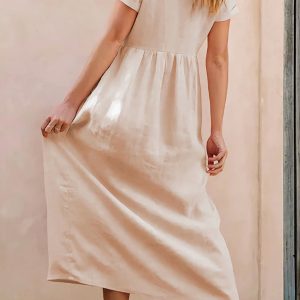 Beige Cotton V-Neck Pocket Midi Dress - Y2K Aesthetic Casual Chic for Effortless Style