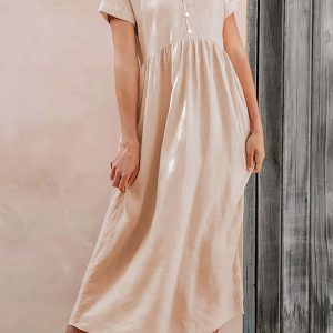 Beige Cotton V-Neck Pocket Midi Dress - Y2K Aesthetic Casual Chic for Effortless Style