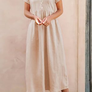 Beige Cotton V-Neck Pocket Midi Dress - Y2K Aesthetic Casual Chic for Effortless Style