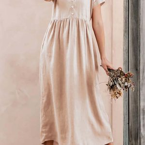 Beige Cotton V-Neck Pocket Midi Dress - Y2K Aesthetic Casual Chic for Effortless Style