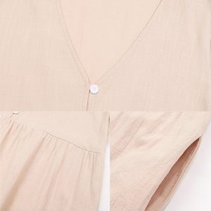 Beige Cotton V-Neck Pocket Midi Dress - Y2K Aesthetic Casual Chic for Effortless Style