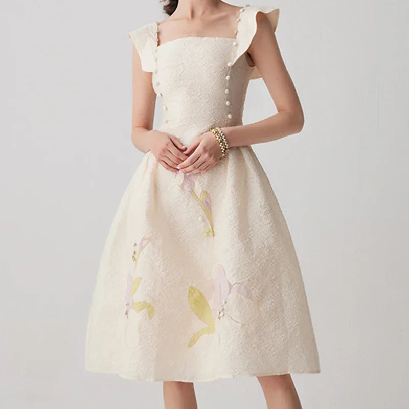 Beige Vintage Dress with Flying Sleeves, High-Waisted Design & Hollow Flower Detail for Parties