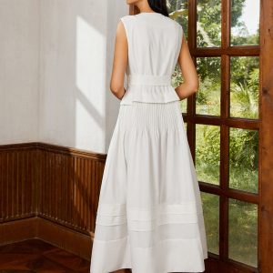 Belted Pleated Long Dress in Cotton & Linen - Effortlessly Chic Y2K Aesthetic Style