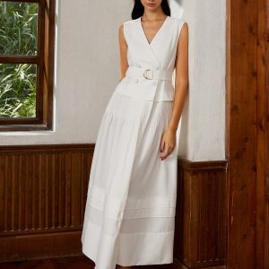 Belted Pleated Long Dress in Cotton & Linen - Effortlessly Chic Y2K Aesthetic Style