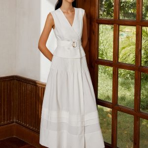 Belted Pleated Long Dress in Cotton & Linen - Effortlessly Chic Y2K Aesthetic Style