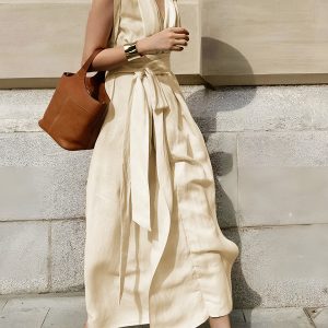 Belted Sleeveless Long Dress in Cotton & Linen - Effortless Y2K Aesthetic Style