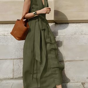 Belted Sleeveless Long Dress in Cotton & Linen - Effortless Y2K Aesthetic Style