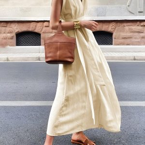 Belted Sleeveless Long Dress in Cotton & Linen - Effortless Y2K Aesthetic Style